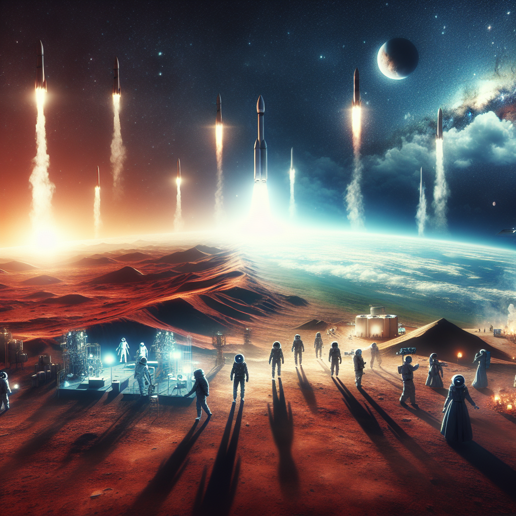 Visualize an awe-inspiring scene of space exploration. Present advanced rockets embarking on a journey towards Mars, leaving trails of smoke in the bright blue Earth's sky. Capture the ethereal beauty of Mars, with its iron-rich red terrain and a thin atmosphere. Display diverse astronauts, of both genders and of different descents such as Caucasian, Hispanic, Black, Middle-Eastern, South Asian conducting experiments and setting up base camps. Showcase the progression from harsh uninhabitable land to a tamed and controlled environment portraying our potential future home.